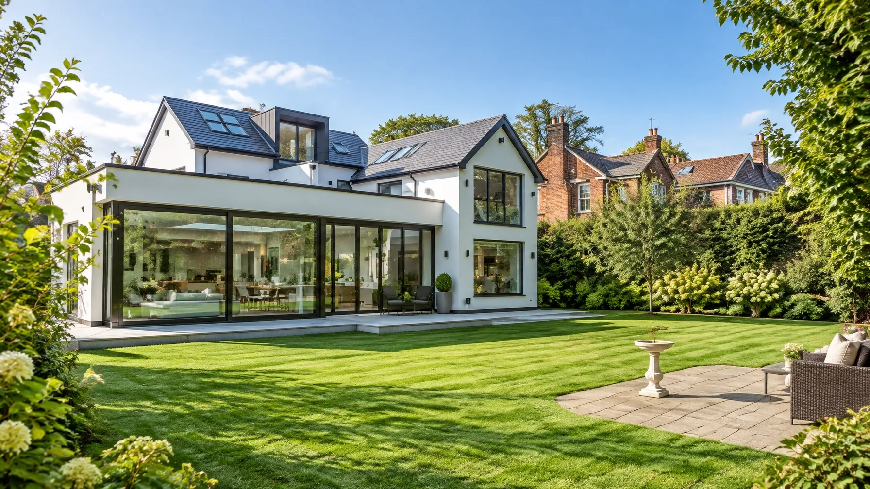 Finished home extension opening onto a large green lawn
