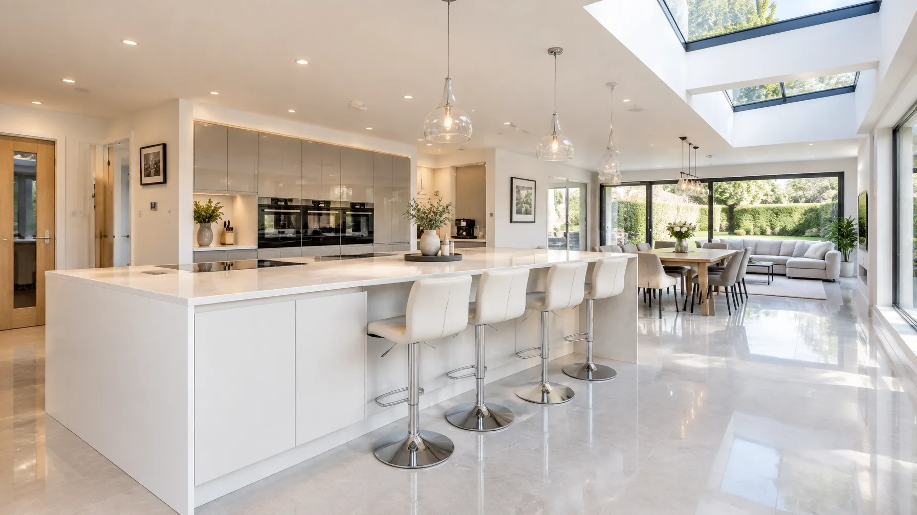 Bright finished open-plan kitchen and living space with rooflights