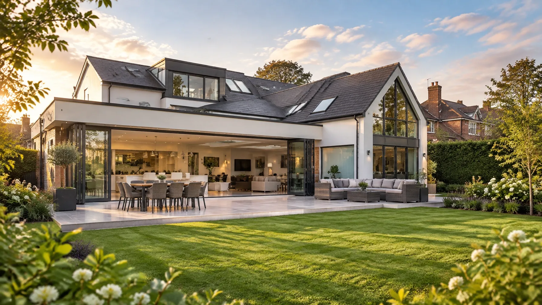 Completed extension and landscaped patio at a family home