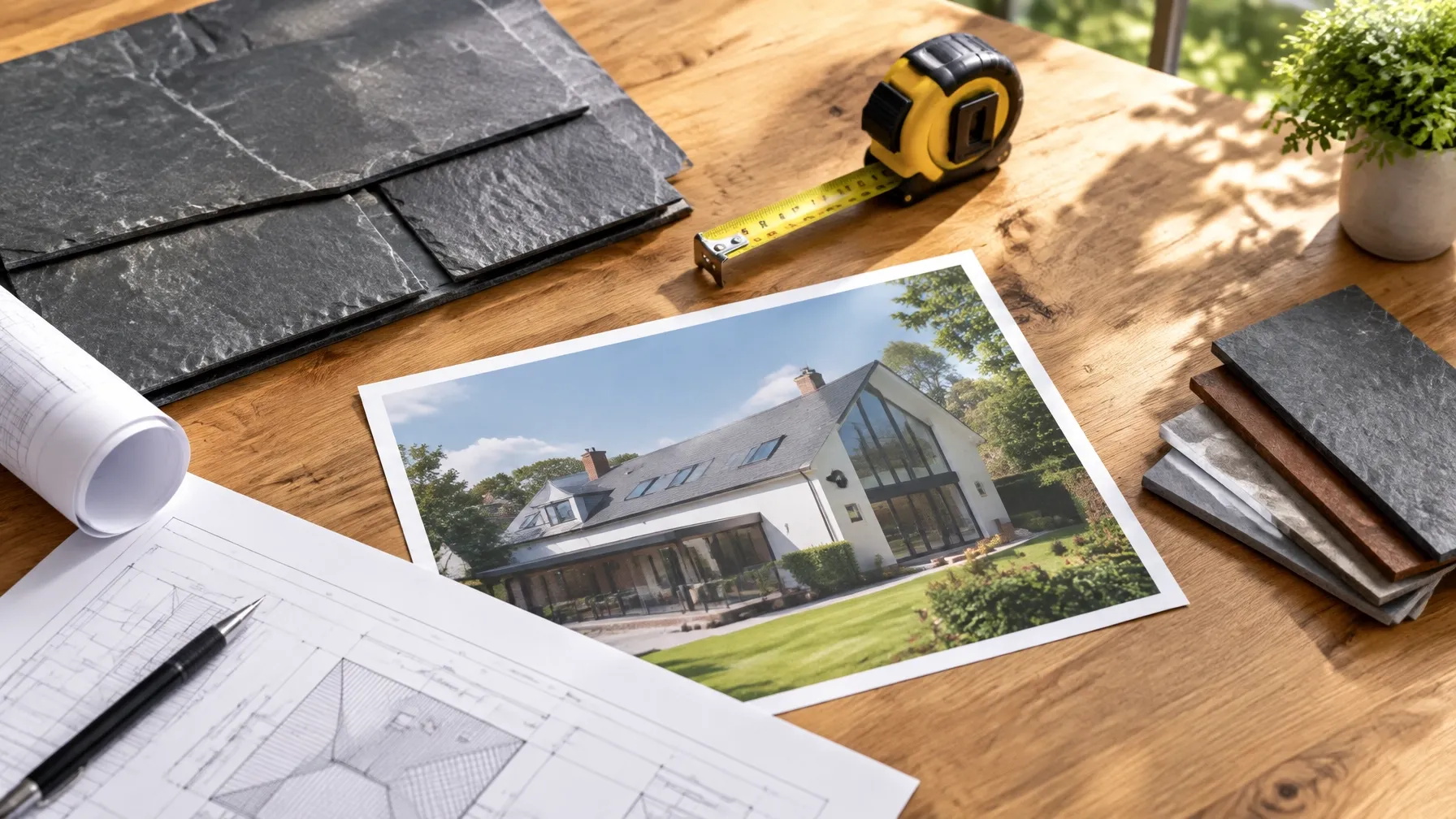 Roofing materials and plans arranged for a home improvement project